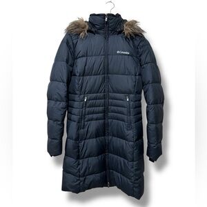 Columbia Varaluck Navy Blue Long Down Hooded Puffer Winter Jacket Coat Small